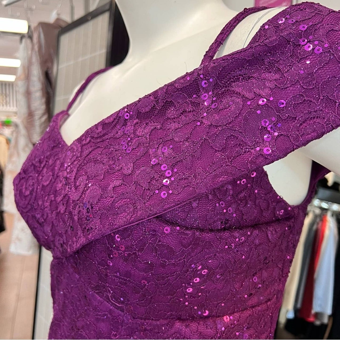 Purple Sequin Lace Sparkle Off the Shoulder Dress 14/16