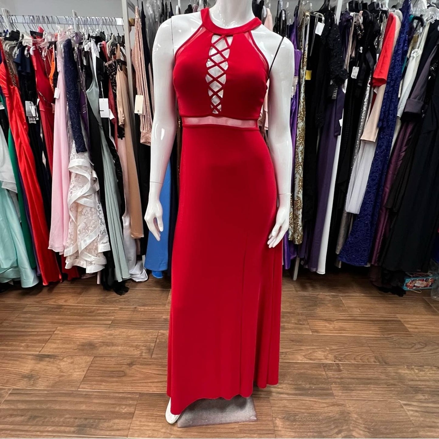 Teens Morgan & Co Red Halter Floor Length Gown 3/4