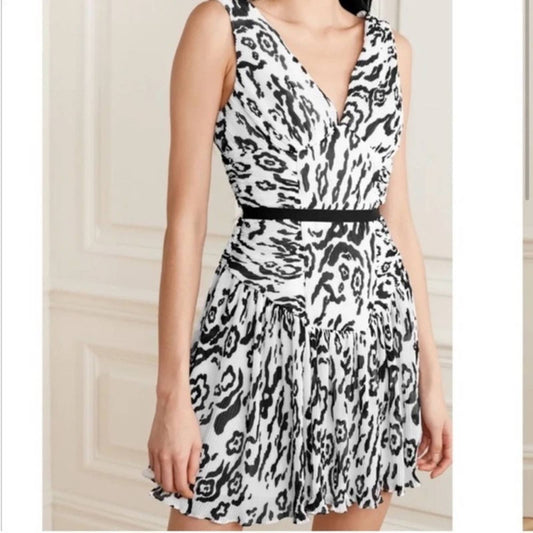 SELF PORTRAIT Leopard-print Plissé-chiffon Mini Dress In White | Black Sz 2