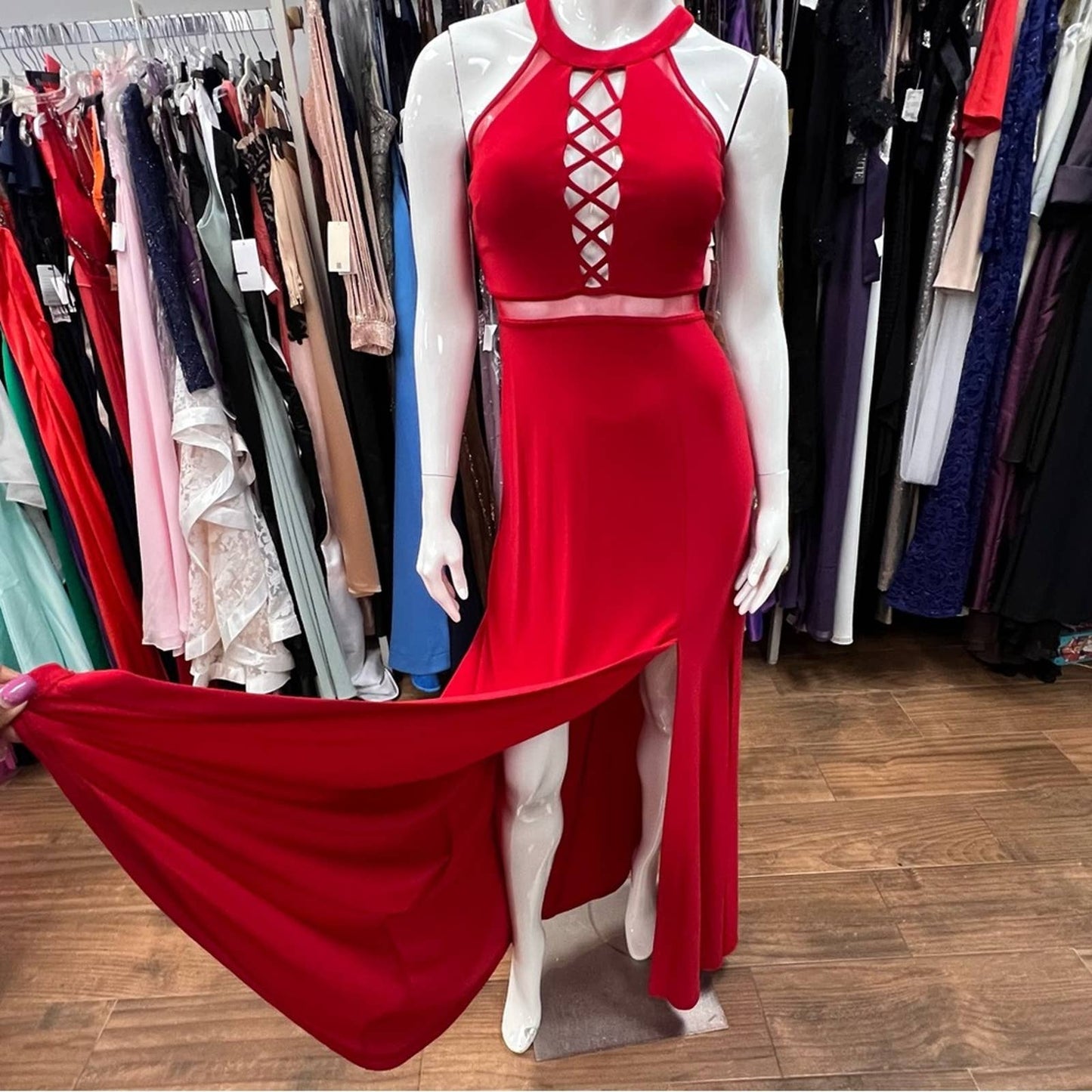 Teens Morgan & Co Red Halter Floor Length Gown 3/4