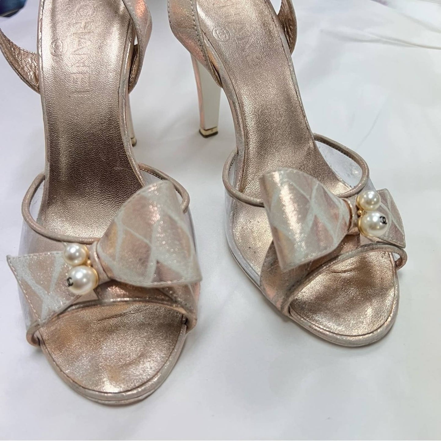CHANEL Champagne D’orsay Bow Top Heels 36.5”