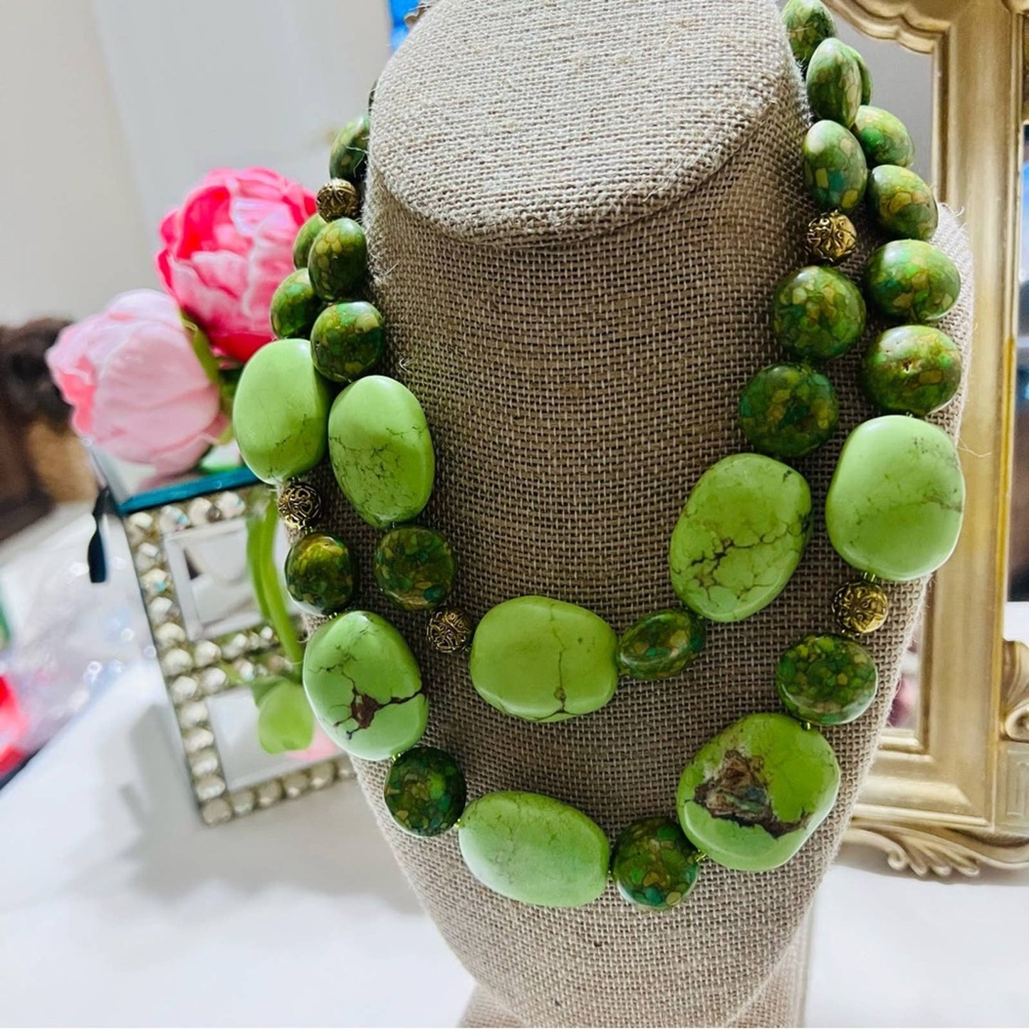 Vintage Natural Green Stone Nugget Double Strand Necklace