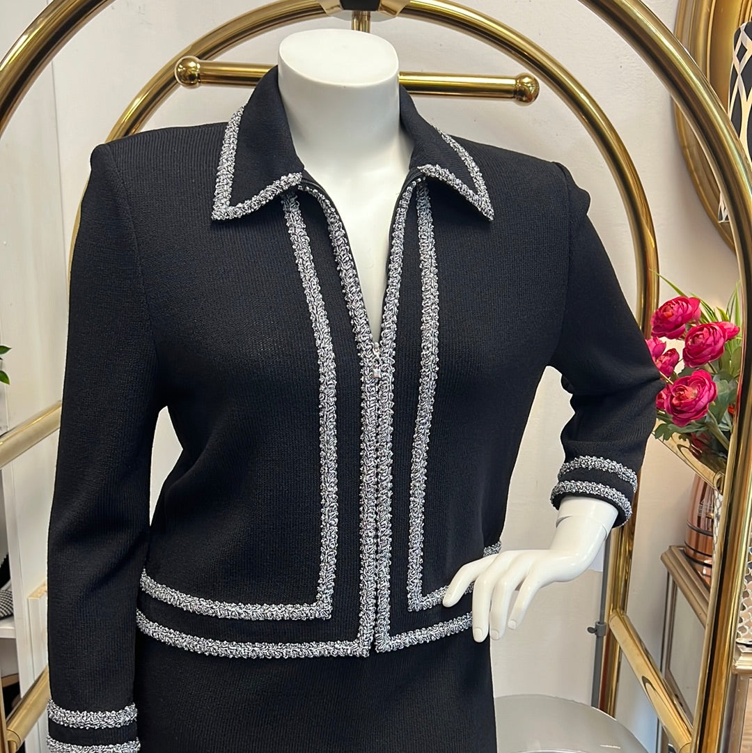 St. John Collection Marie Gray Black  Knit Skirt Suit 16 /12