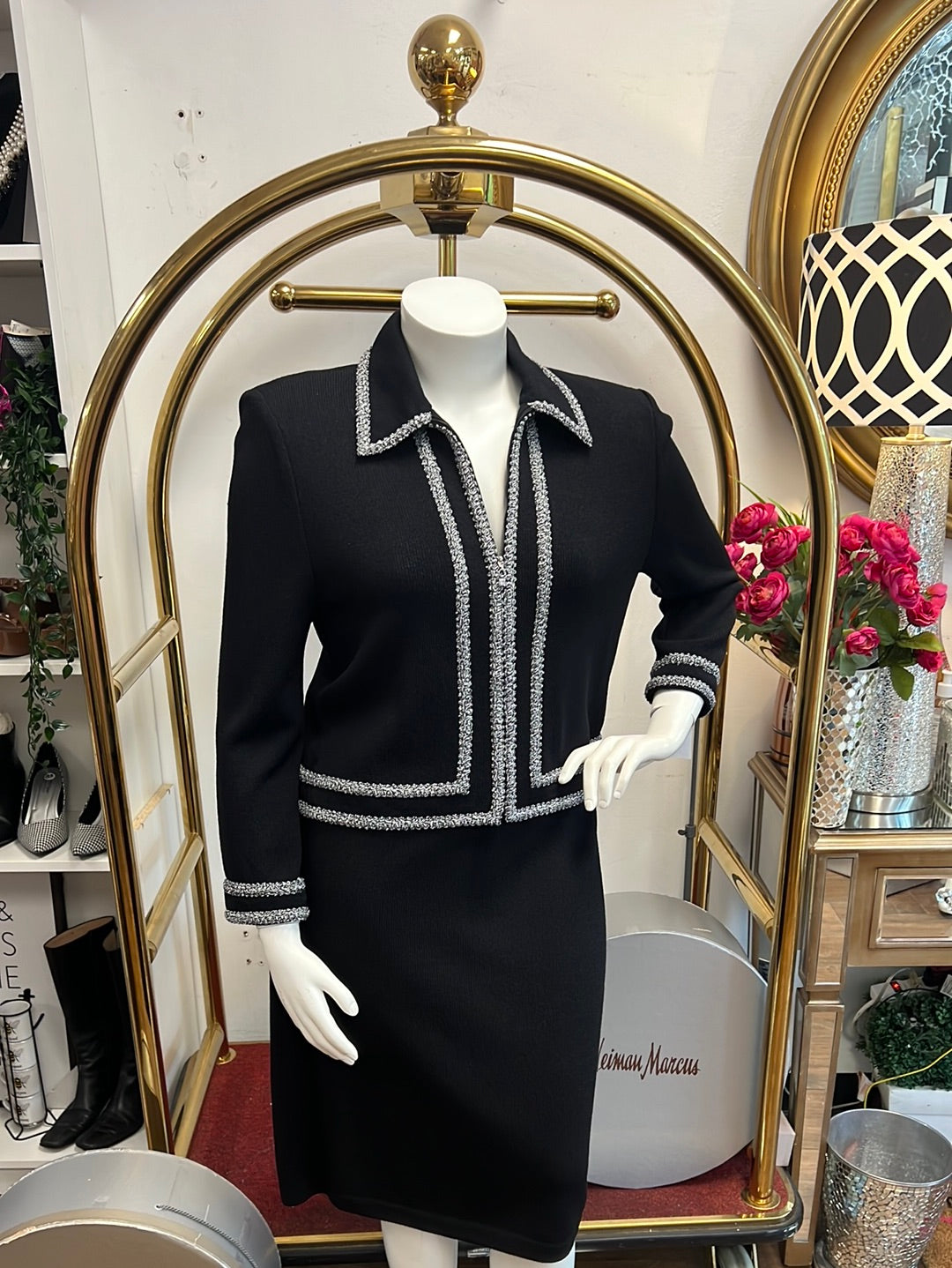 St. John Collection Marie Gray Black  Knit Skirt Suit 16 /12