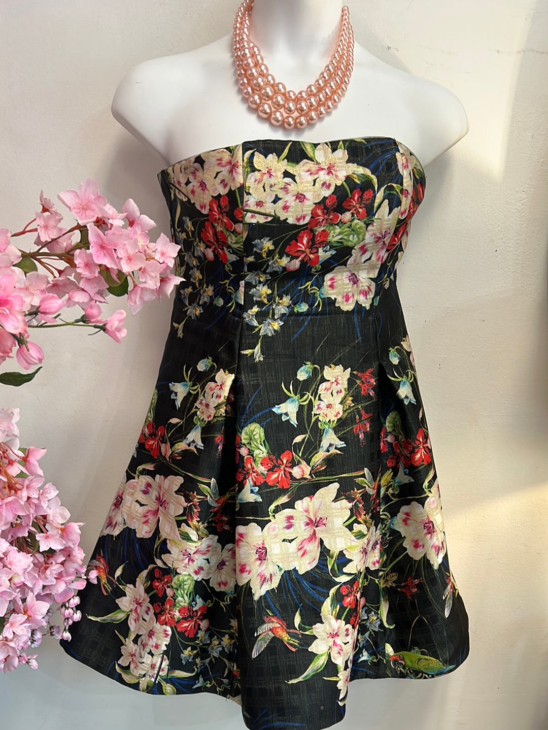 Nicole Miller New York Strapless Black Floral Dress 14