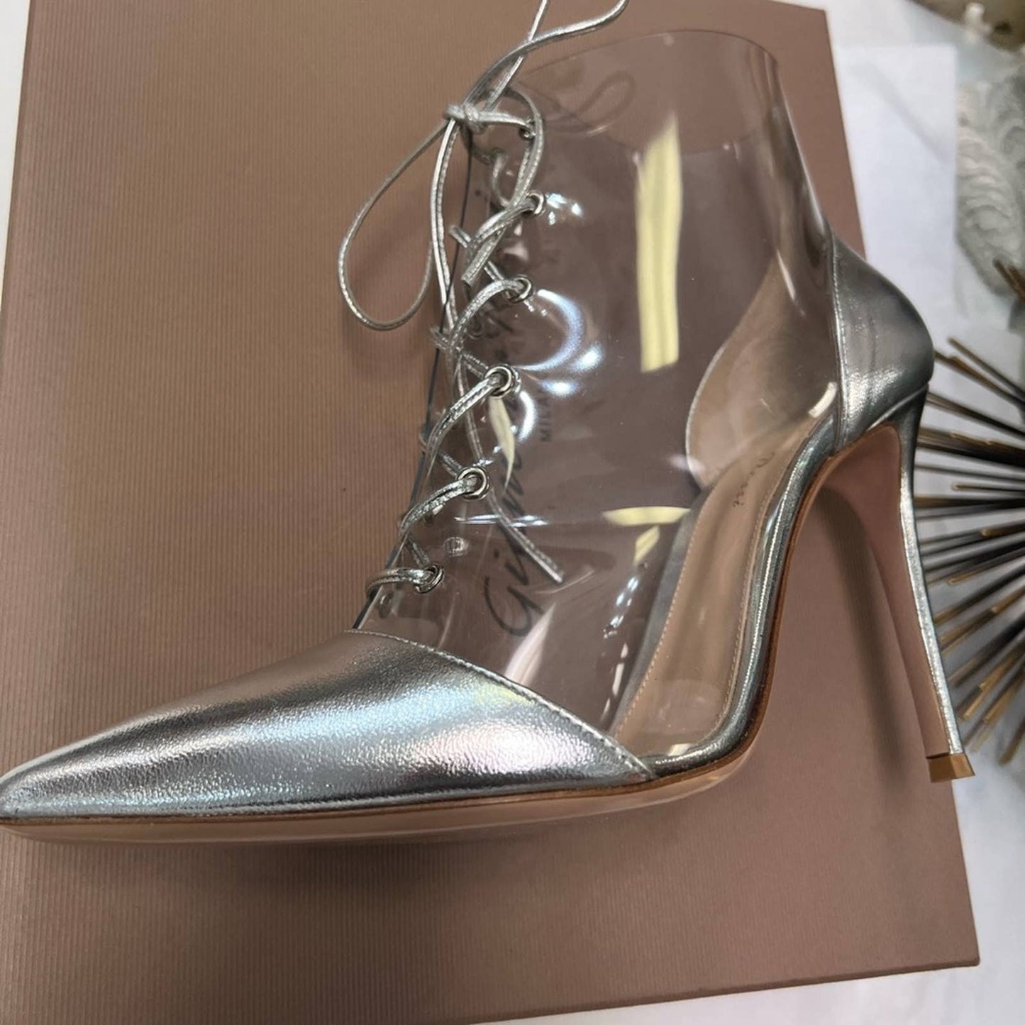 GIANVITO ROSSI Silver Lucite Heel Ankle Boots 8.5