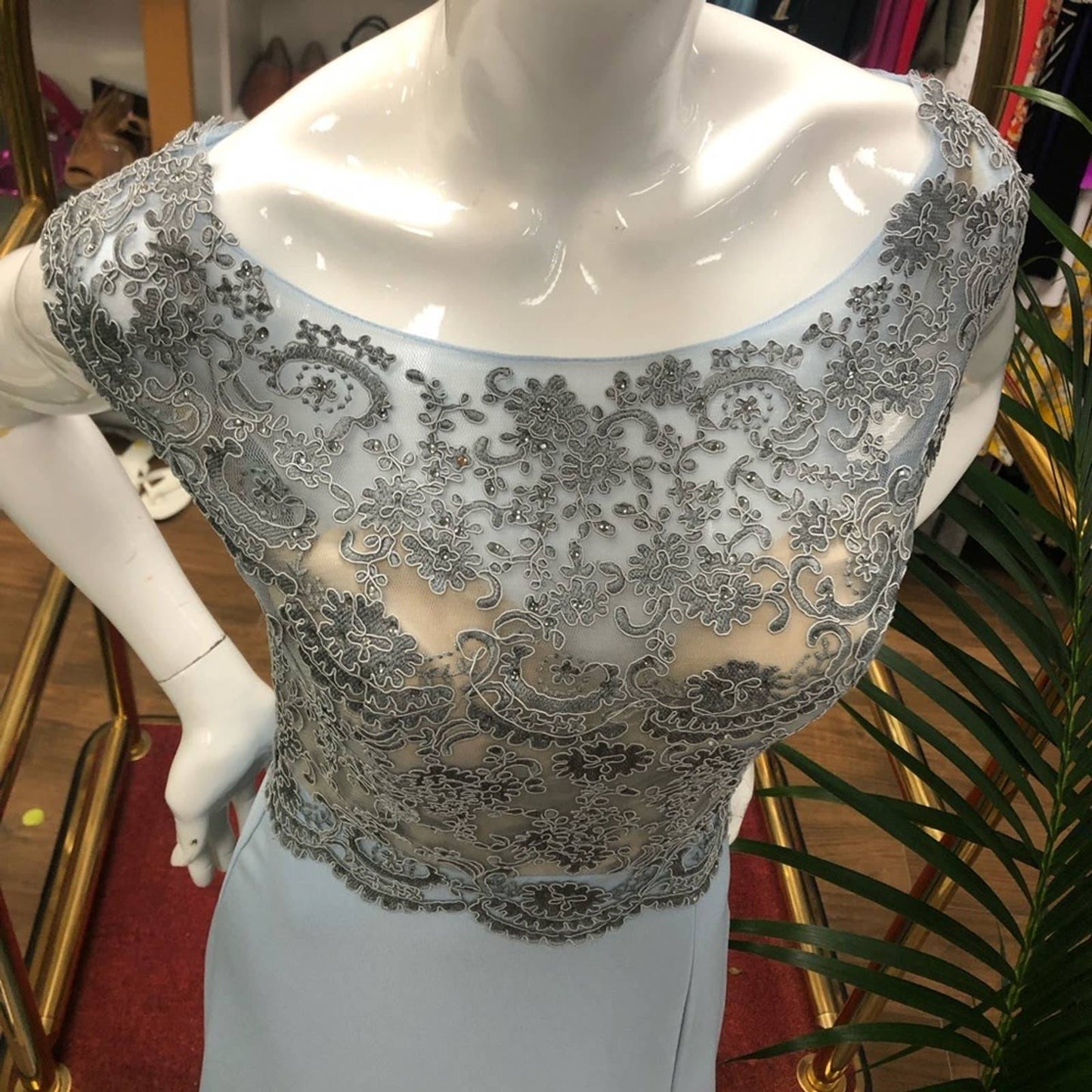 TERANI Blue Cap-sleeve Lace Floor Length Gown 6
