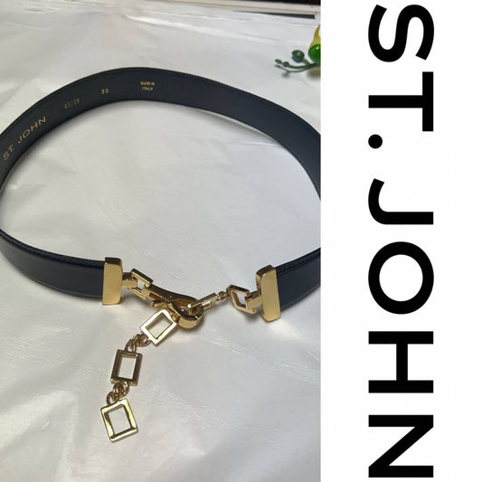St. John Black Leather Belt with Gold Chain 30