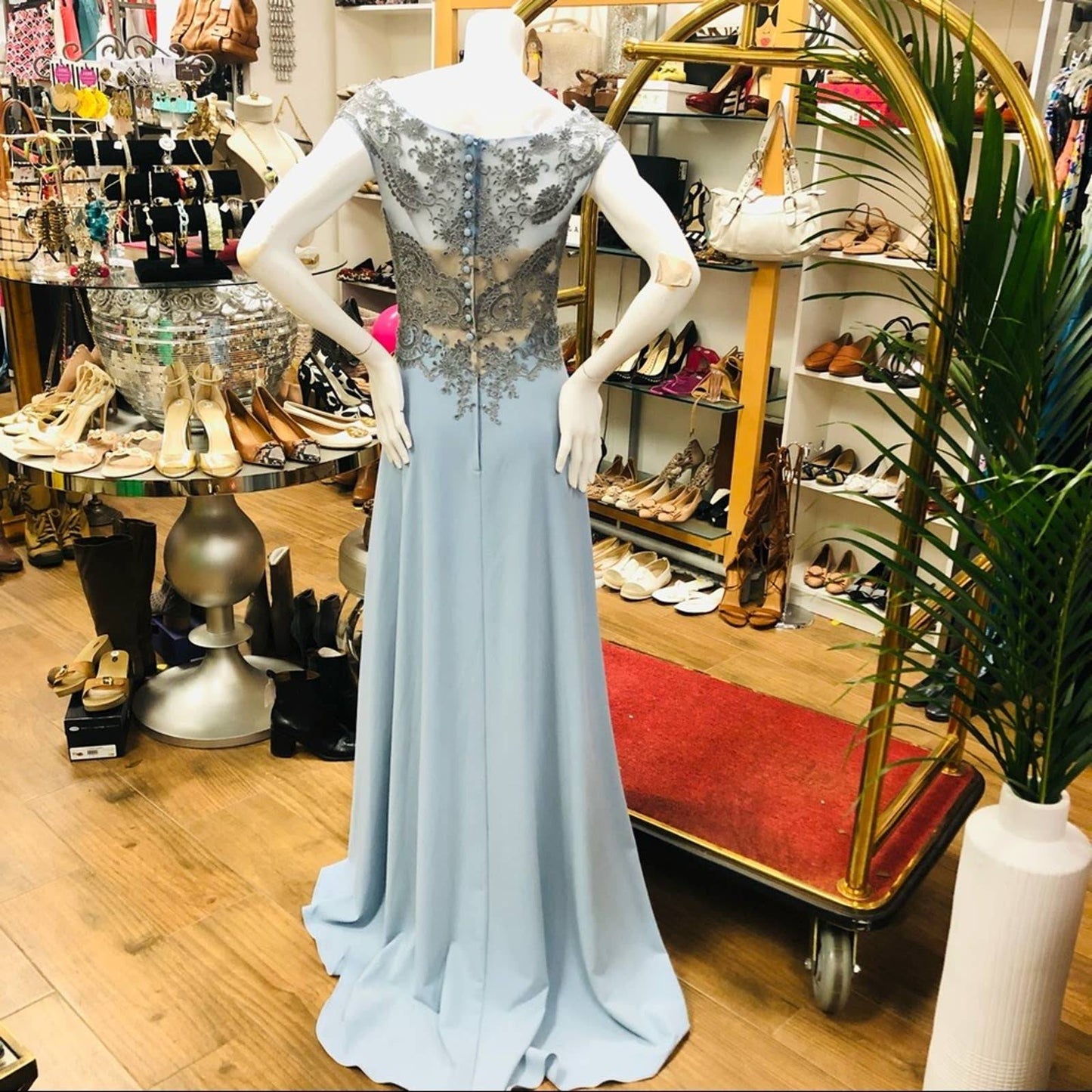TERANI Blue Cap-sleeve Lace Floor Length Gown 6