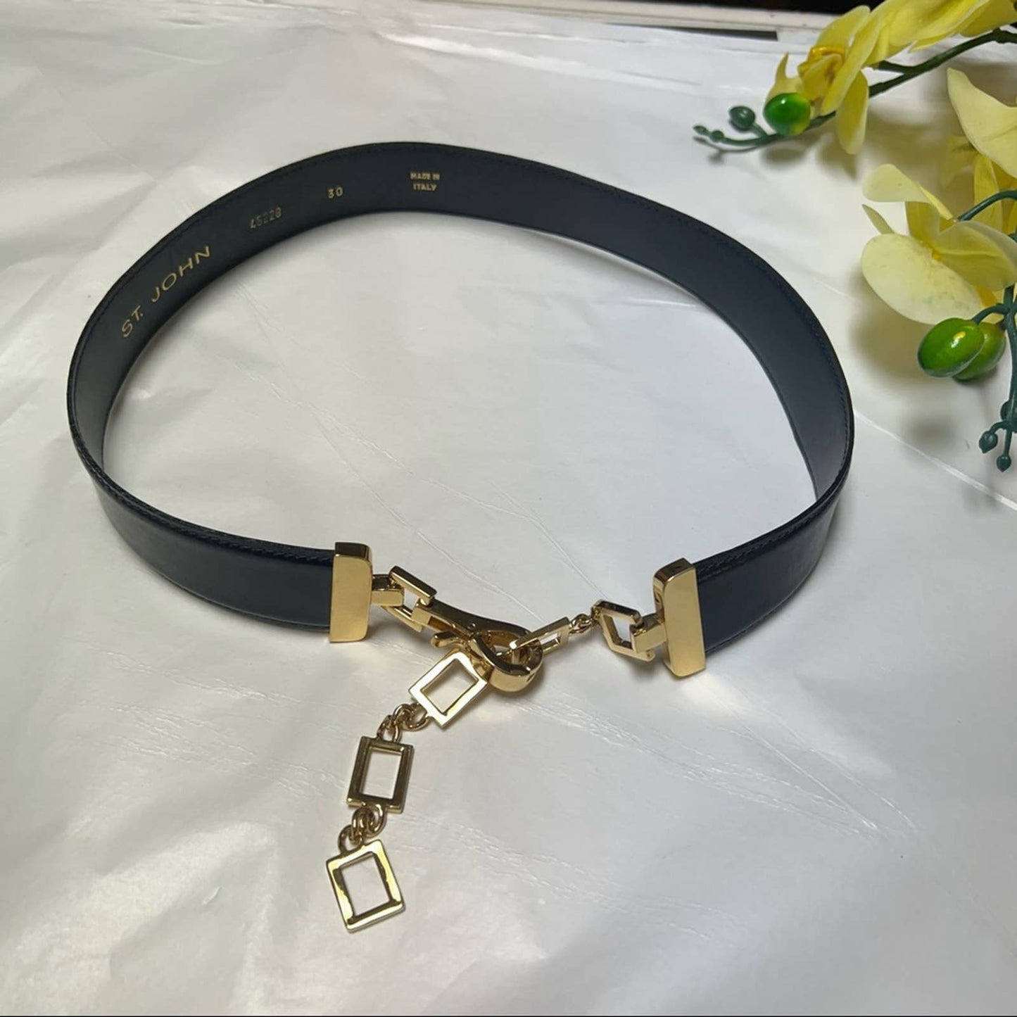 St. John Black Leather Belt with Gold Chain 30